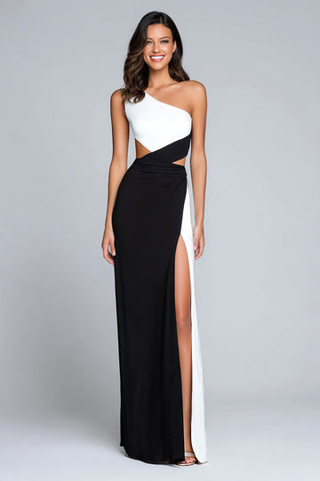 Noir et blanc Robe longue formelle à une épaule avec fente